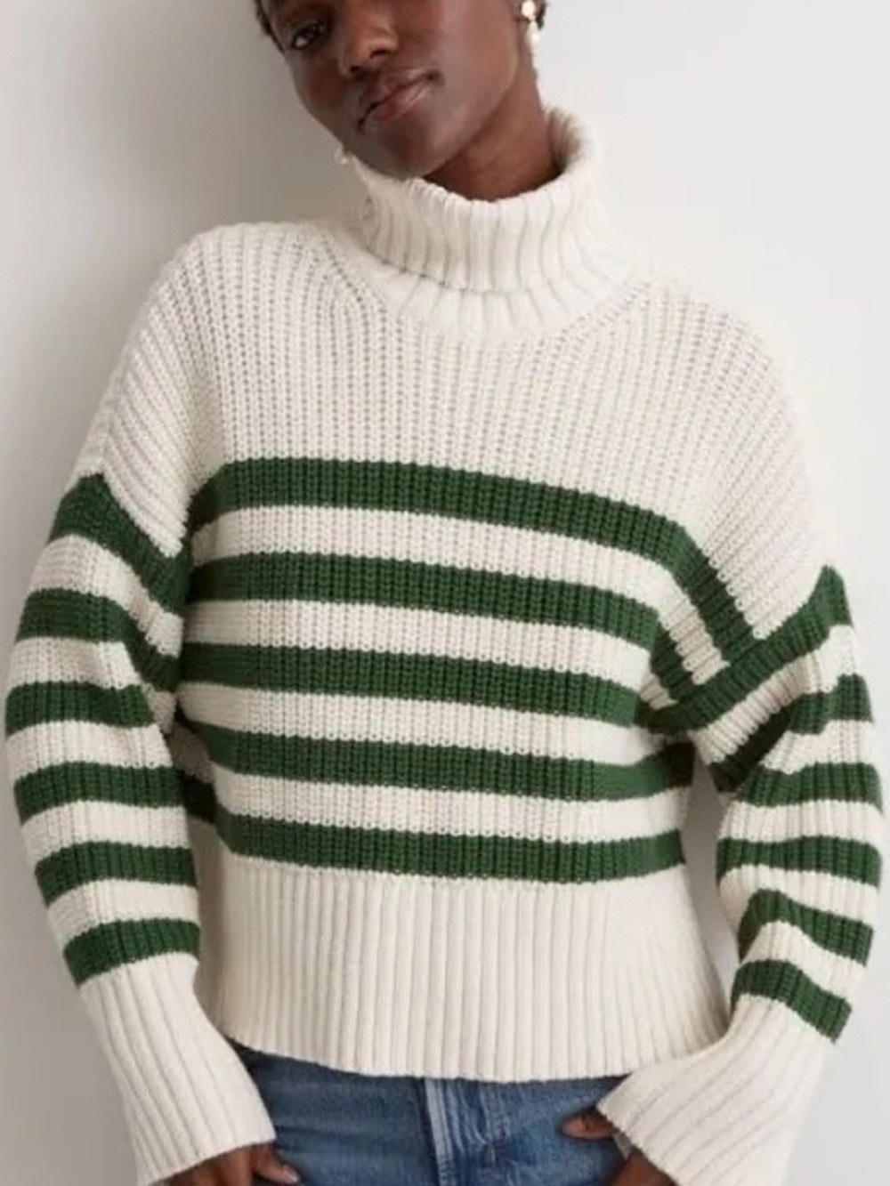 Madewell Cream & Green Striped Turtleneck Sweater - Women xs